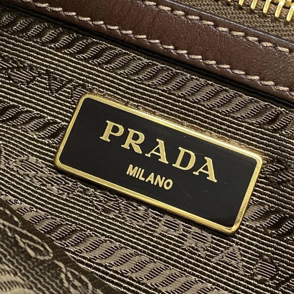 PRADA Logo Jacquard - Khaki Dark Brown Jacquard Leather Shoulder Bag 684-081625 - Picture 14 of 14
